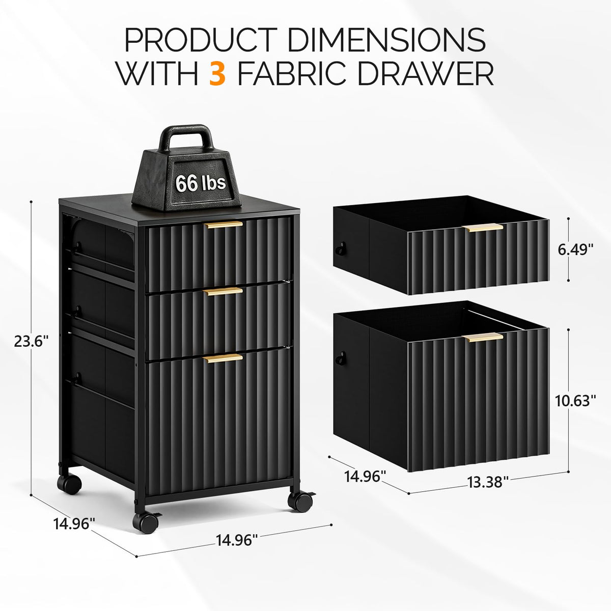 Bonnlo 3 Drawer Fluted File Cabinet, Rolling File Cabinet Mobile Under Desk File Cabinet with