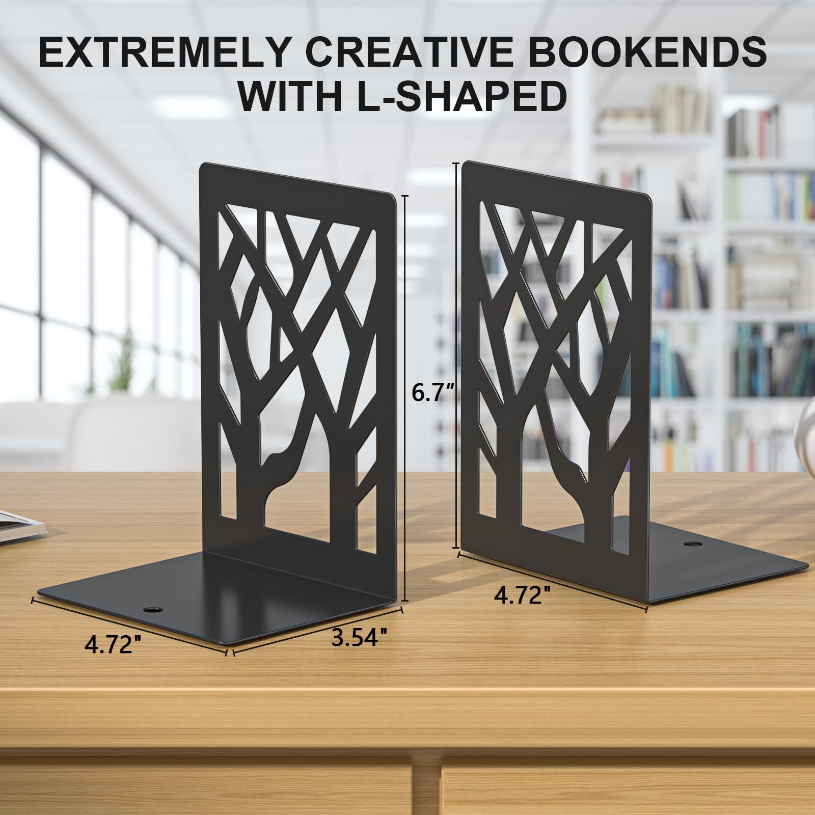 ALOTCHE Bookends 8 Pieces, Tree Design Modern Metal Bookends for Shelves, Black Tree Book Ends