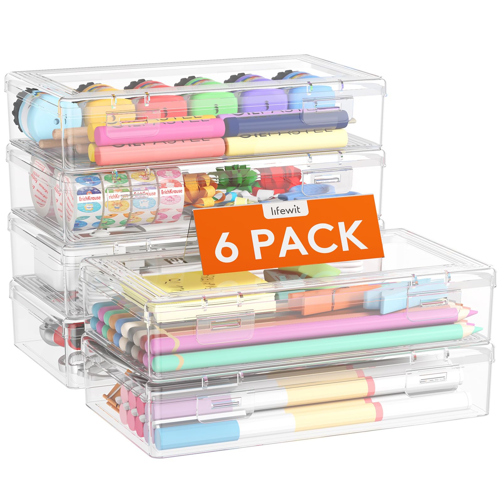 Lifewit Plastic Pencil Box with Snap-tight Lid, 6 Pack