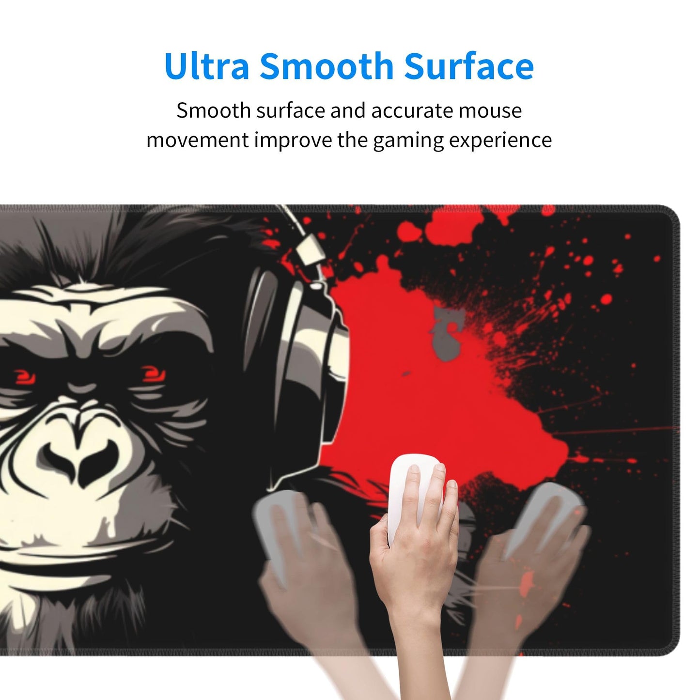Stylish Gorilla with Headphones Against Themed Mouse Pad 31.5 x 12 Inch, Anti-Slip Rubber Base
