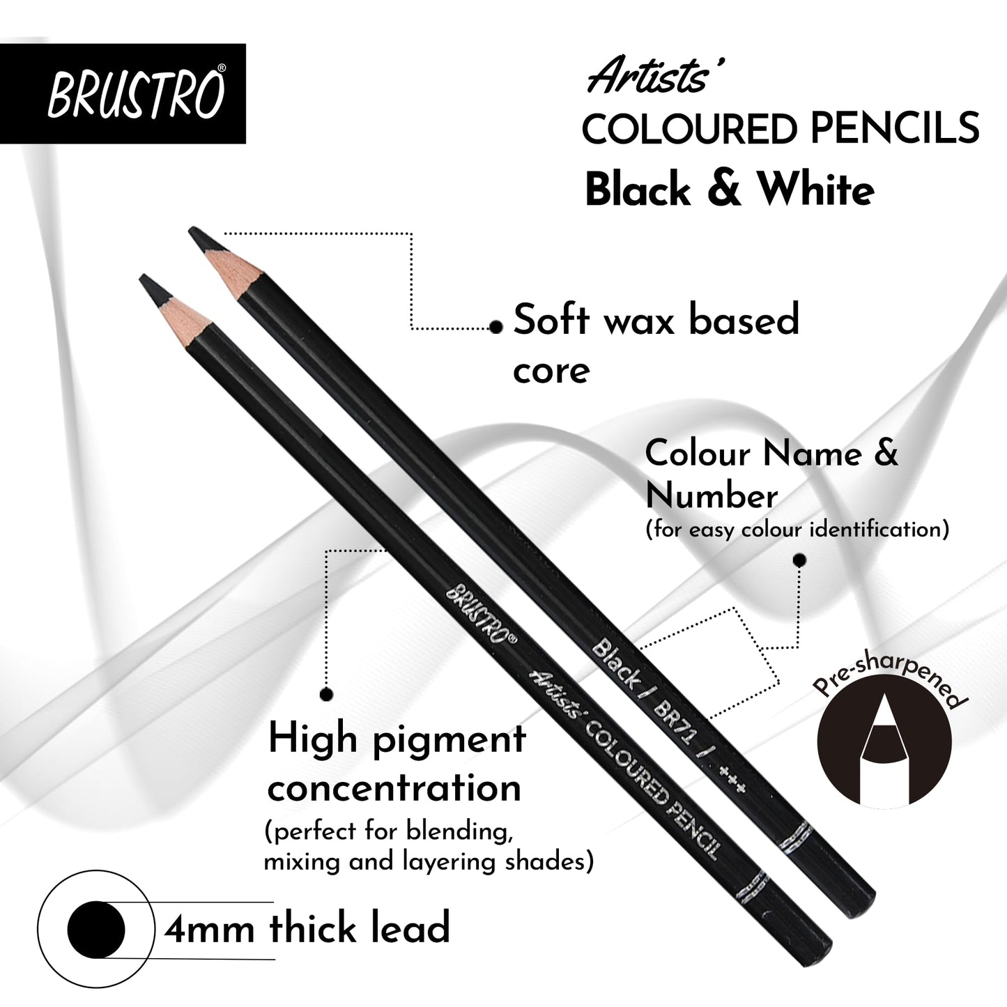 Brustro Artists’ B &W Coloured Pencils Set of 3 Whites and 3 Blacks