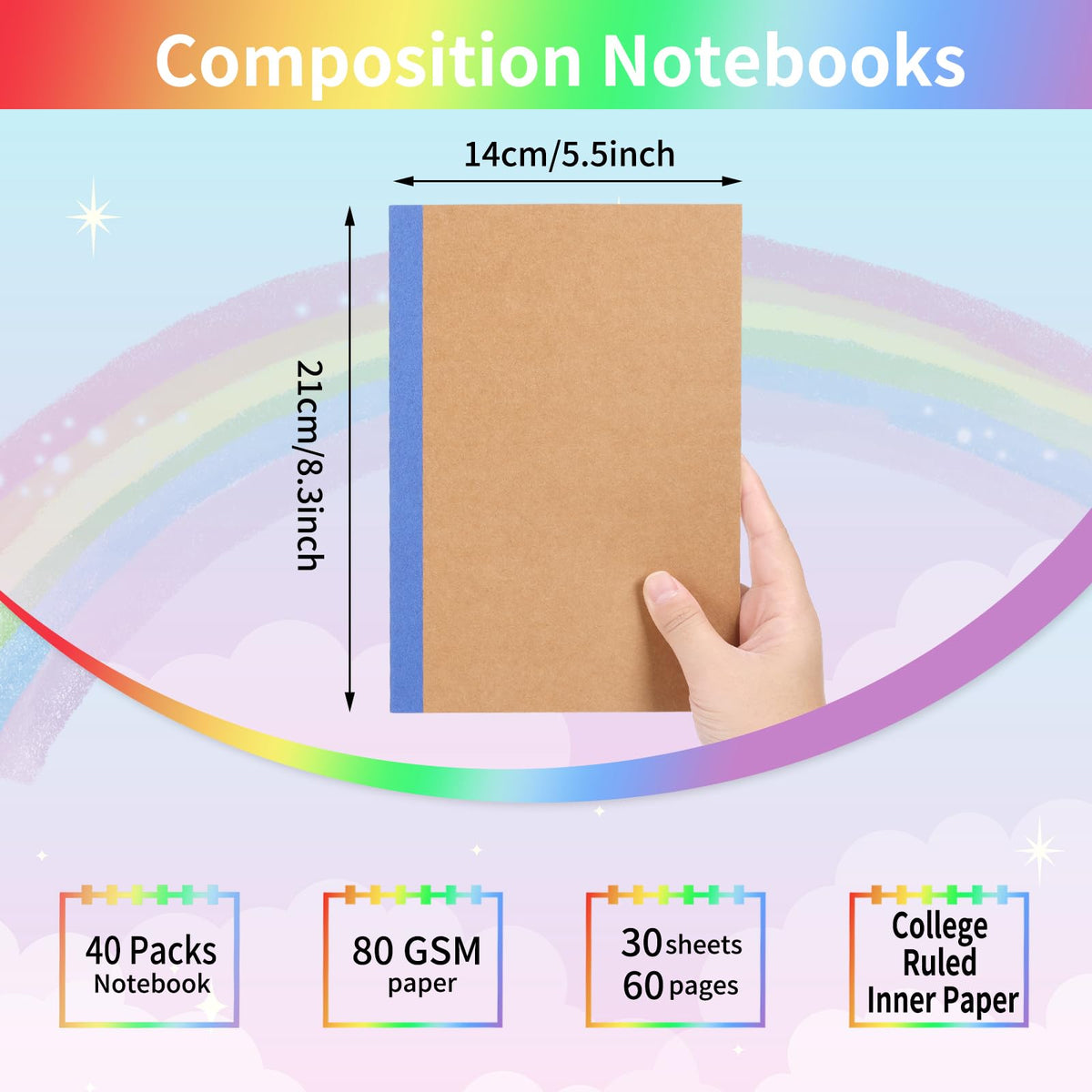 EOOUT 40 Pack A5 Kraft Notebooks Bulk, Lined Journals Bulk Colors with Rainbow Spine, 60 Pages for