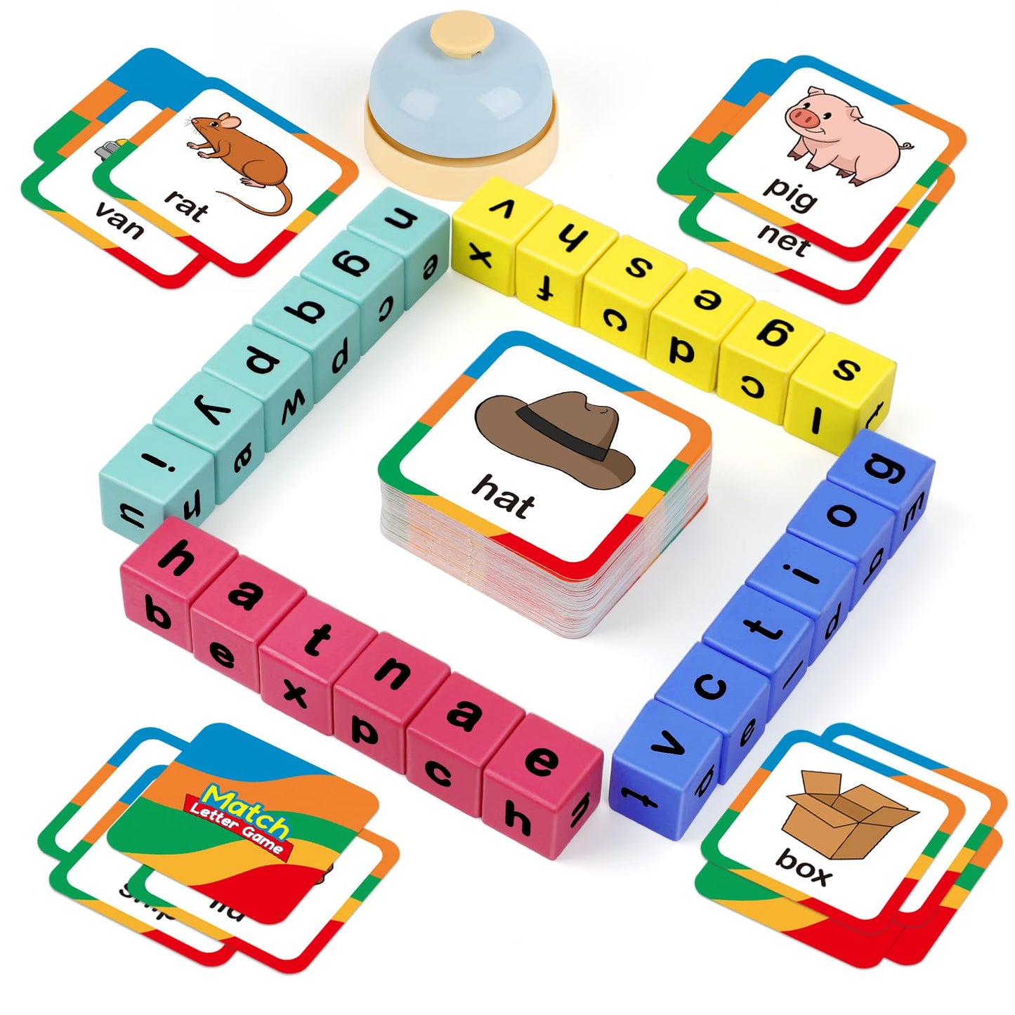 Edulok Word Race Cube - Preschool Wooden Alphabet Letter Blocks & Phonics Matching Games - CVC Word