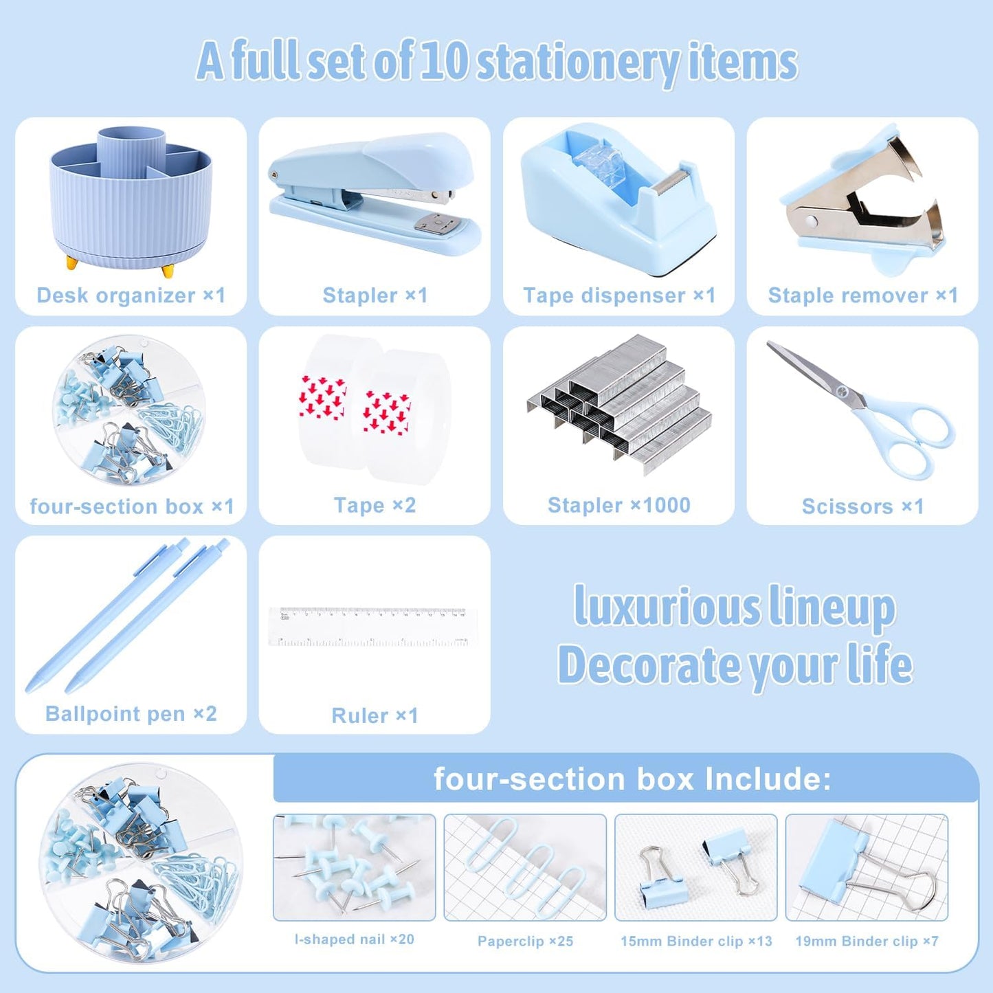 Gawsey Blue Desk Organizers and Accessories with Desk Organizer 360° Rotating Pen Holder and Office