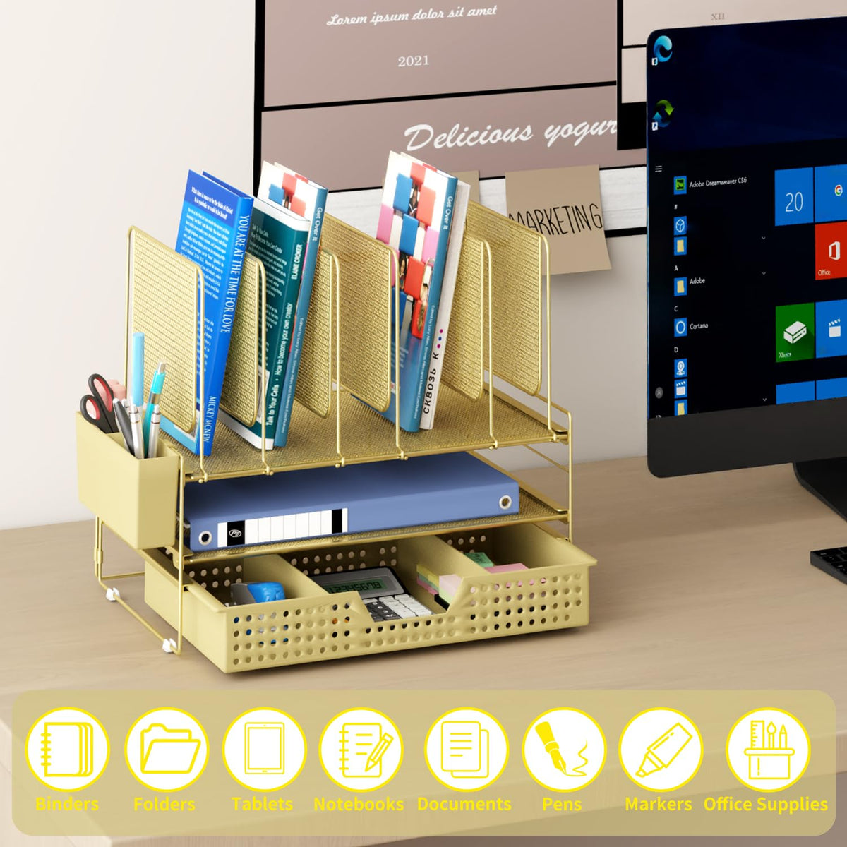 LEKETREE Gold Desk Organizer, Office Organization with Vertical File Holder, File Organizer with