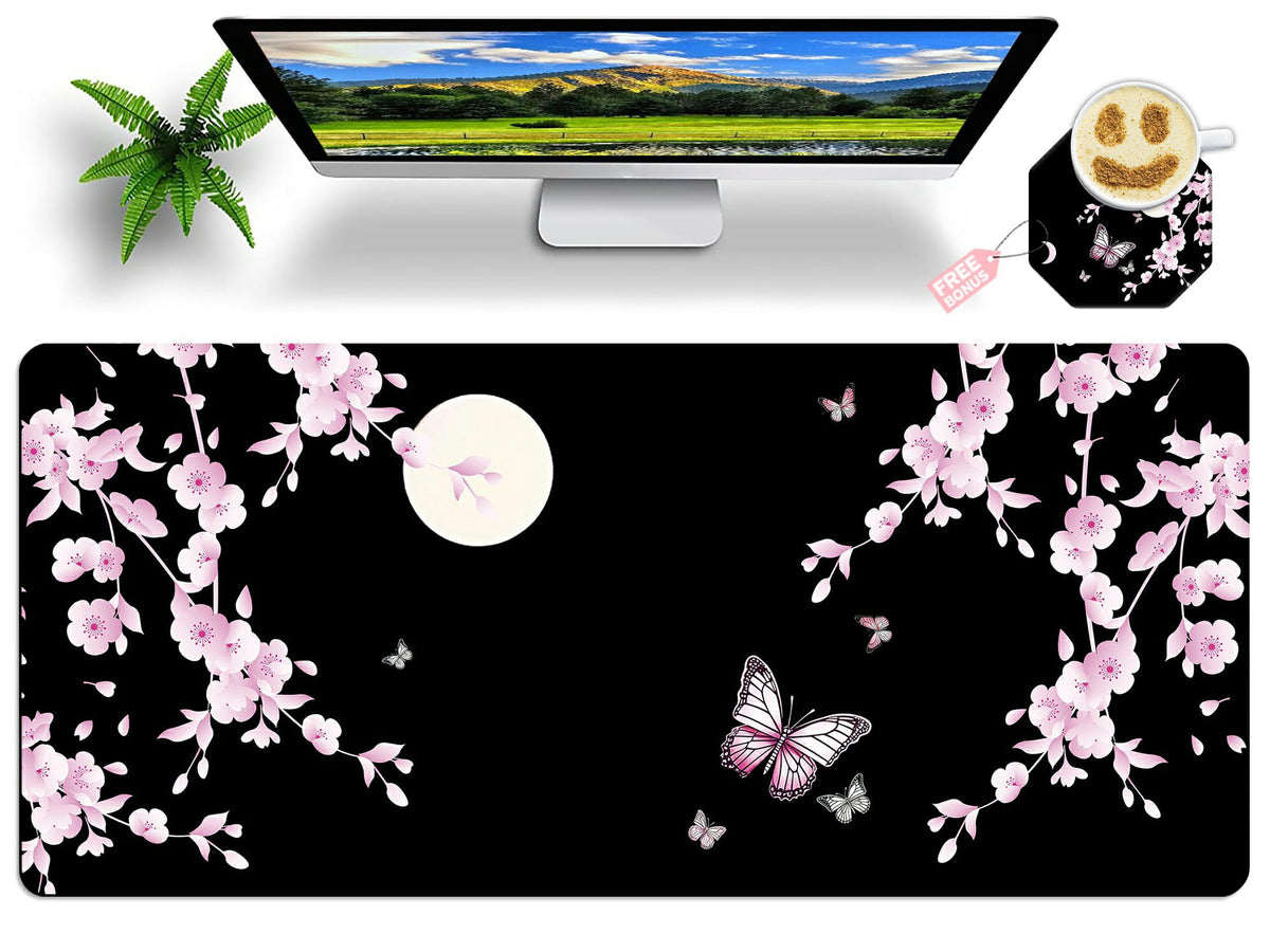 Japanese Sakura Cherry Blossom Pink Black Mouse Pad Large with Coaster, 35.4"x15.7" Full Desk