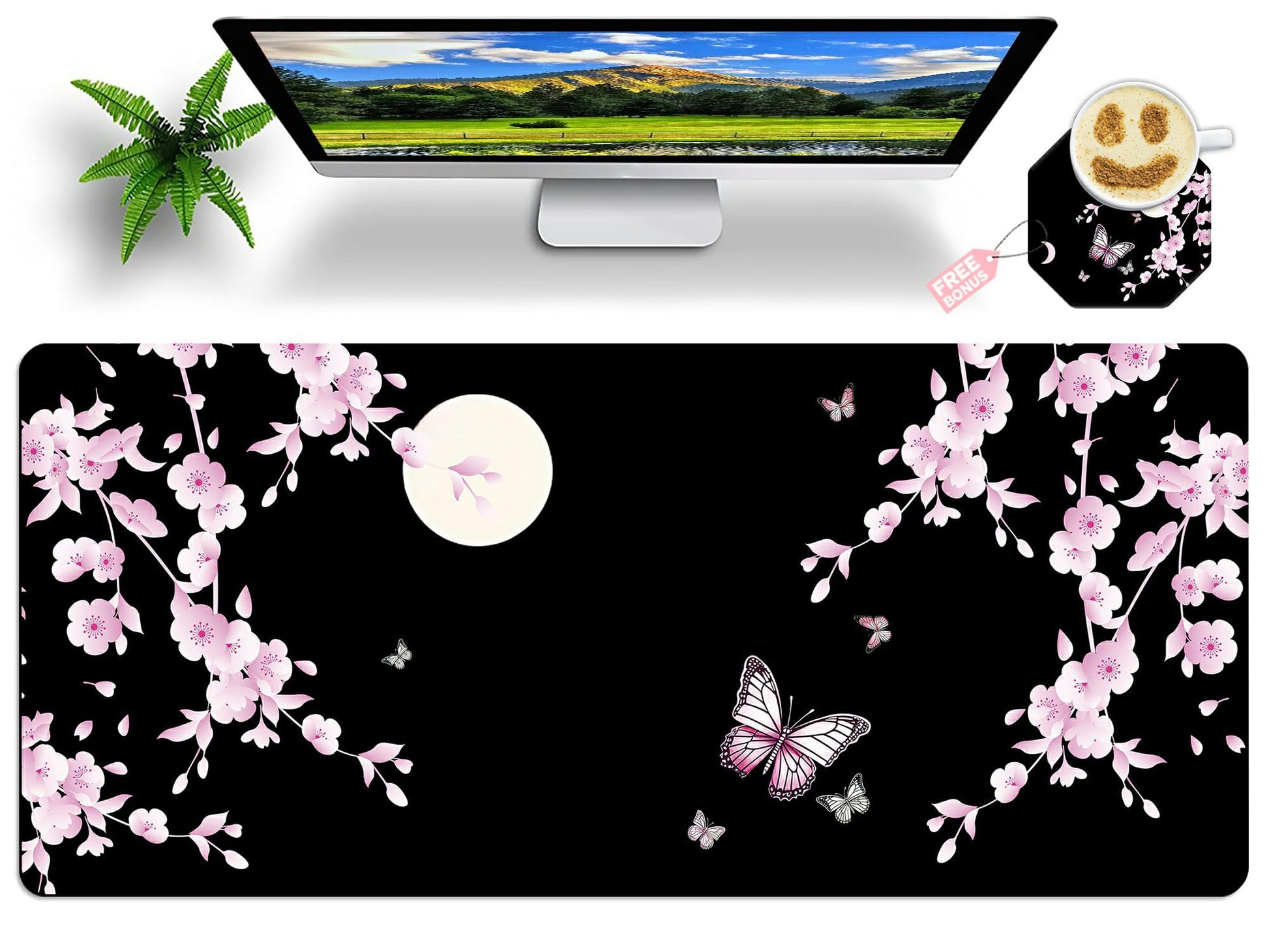 Japanese Sakura Cherry Blossom Pink Black Mouse Pad Large with Coaster, 35.4"x15.7" Full Desk