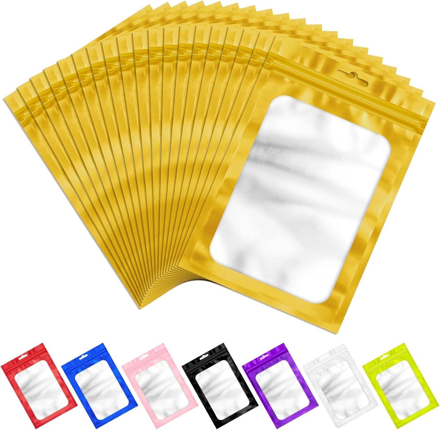 ANZNKU 100Pcs Gold Mylar Bags, Resealable Smell Proof Zip Goodie Baggies