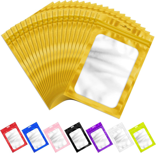 ANZNKU 100Pcs Gold Mylar Bags, Resealable Smell Proof Zip Goodie Baggies