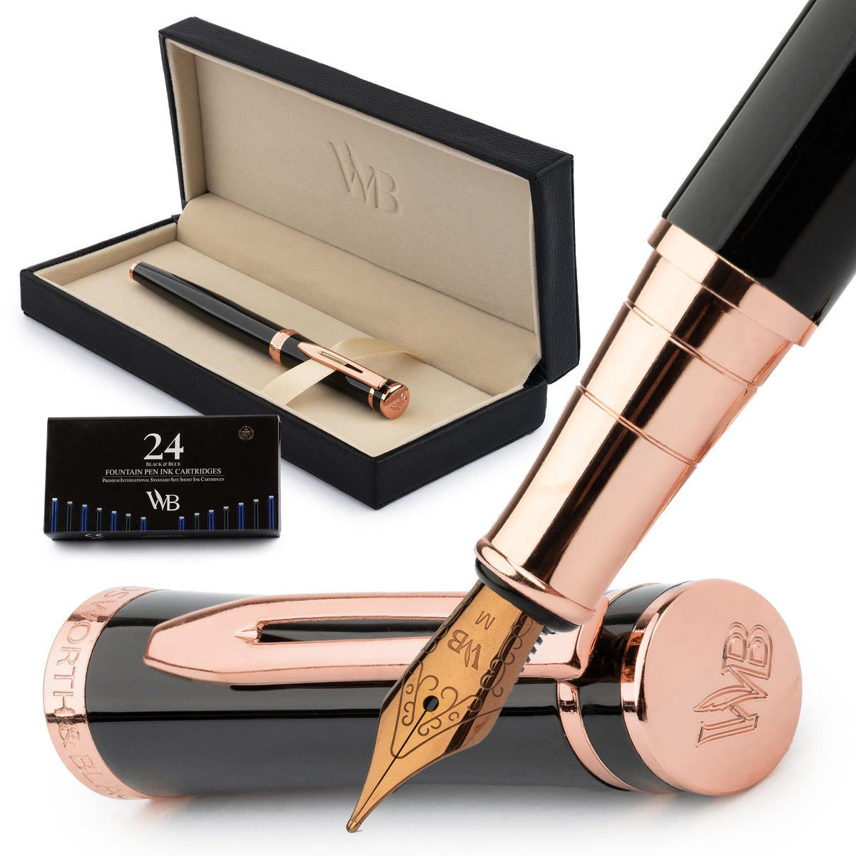 Wordsworth & Black Fountain Pen Set for Writing,Medium Nib, Black Rose Gold