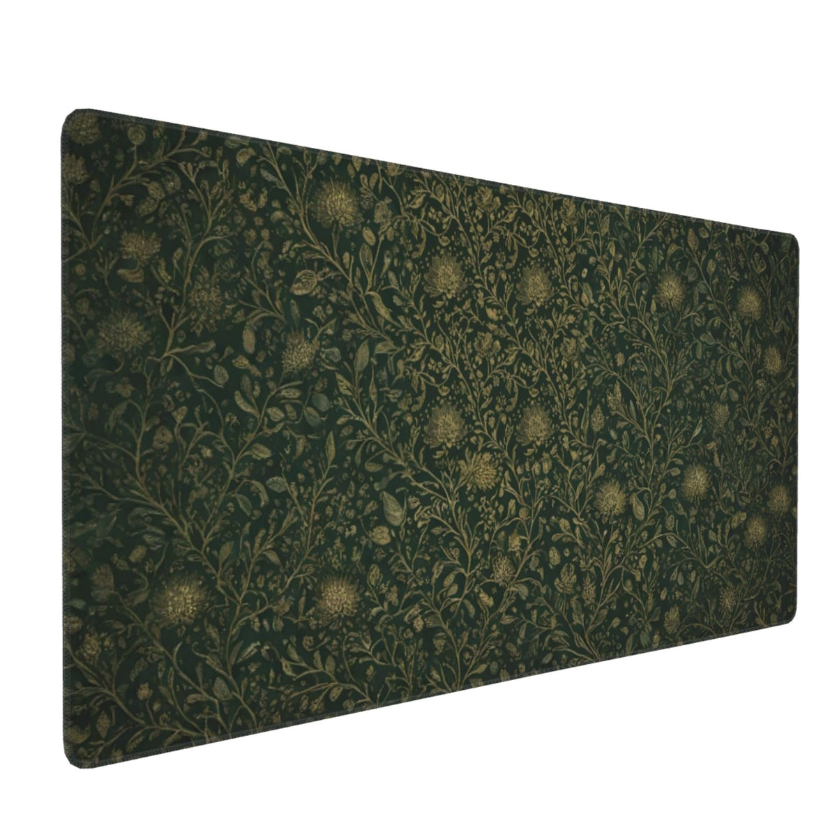 Dark Green Floral Desk Mat Gold Flowers XXL Large Desk Pad - Anti-Slip Stitched Edges Mouse Pad for
