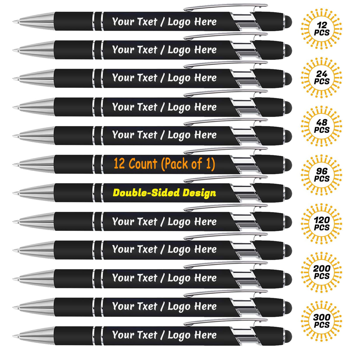 NGTSFLY Personalized Ballpoint Pens with Stylus Tip - Black, 12 Pack, Customized with Your Name or