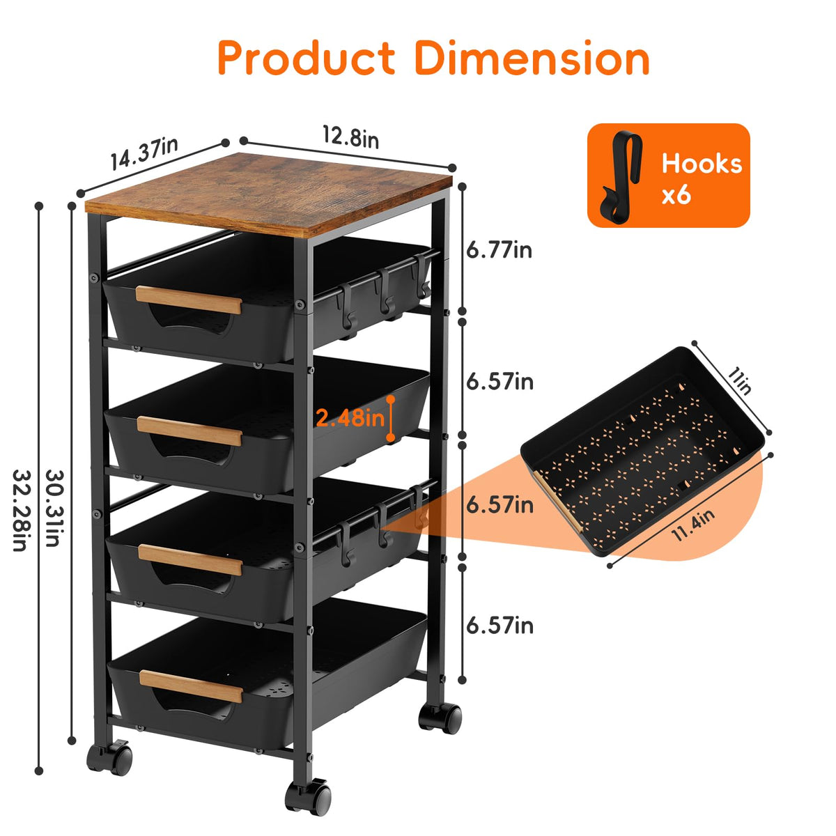 Landmok 5-Tier Kitchen Storage Cart, Wood Top Rolling Cart Organizer with Pull-Out Baskets &