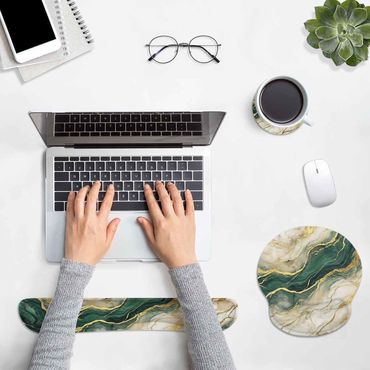 Britimes Ergonomic Mouse Pad Set with Wrist Rest, Gold Green Marble