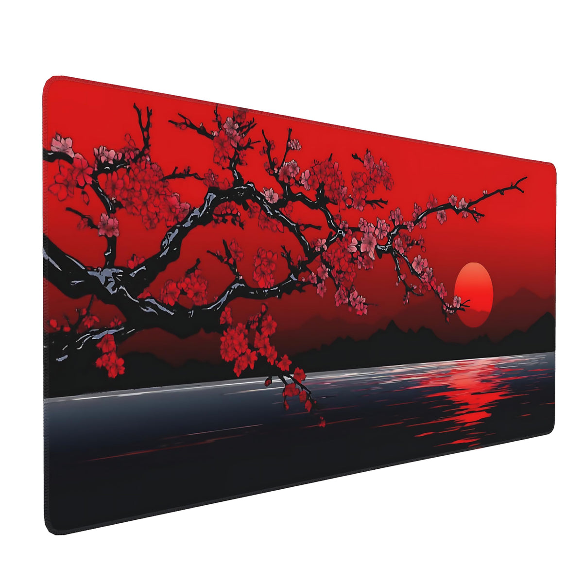 Aesthetic Cherry Blossom Gaming Mouse Pad, Black Red Japanese Desk Mat with Anti-Slip Base &