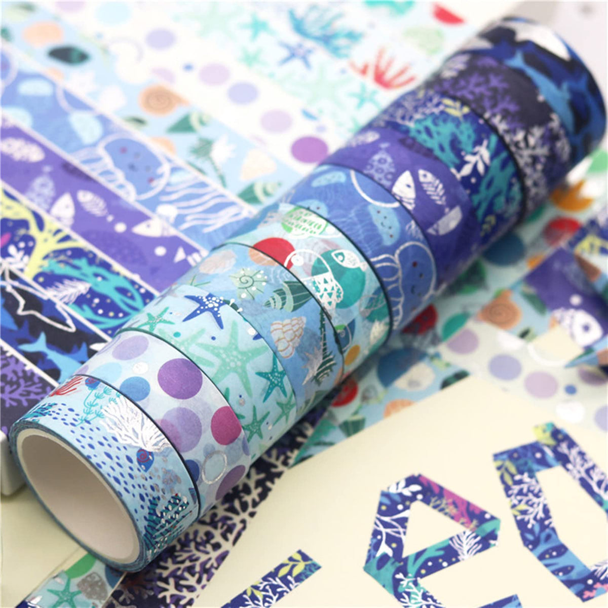 Esweny Blue Ocean Washi Tape Set 10 Rolls Bronzing Sea Decorative Masking Tapes for Scrapbooking