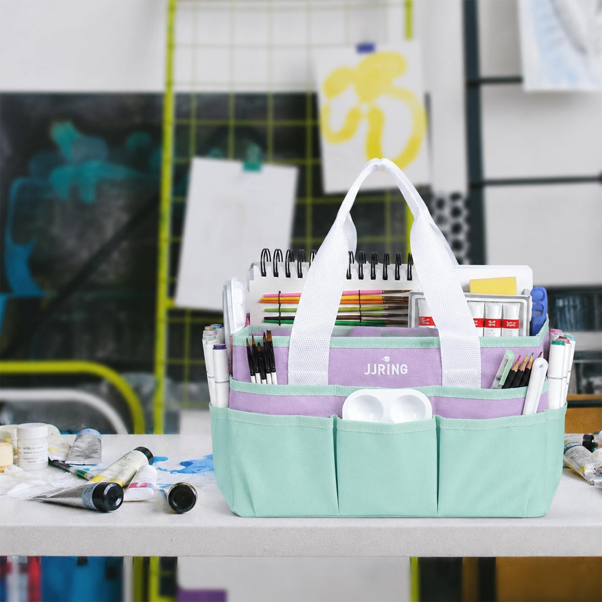 JJRING Craft Organizer Tote Bag Art Storage Caddy Green and Purple