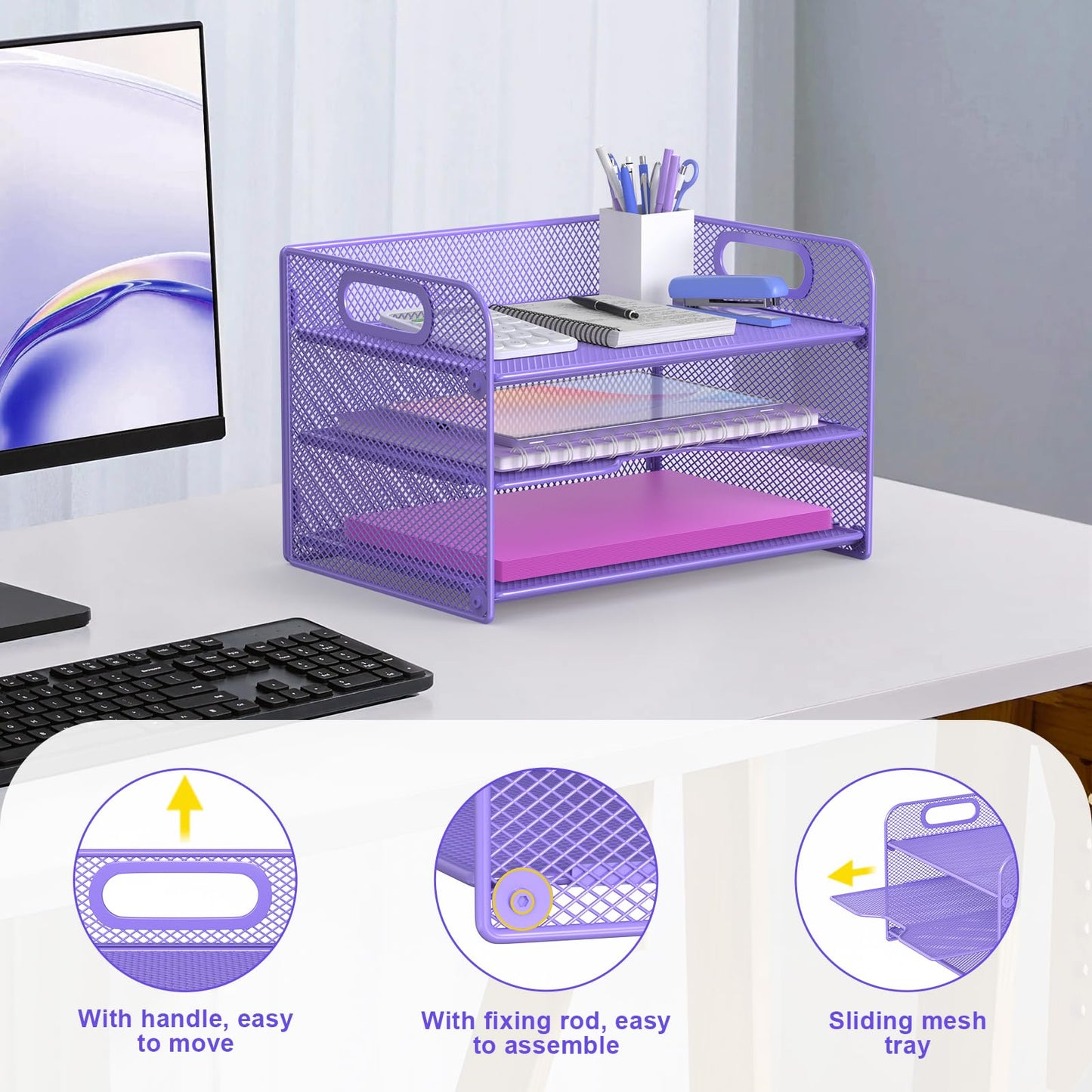 Samstar 3 Tier Purple Letter Tray Paper Organizer with Handle, Mesh Desk Organizer Paper Sorter