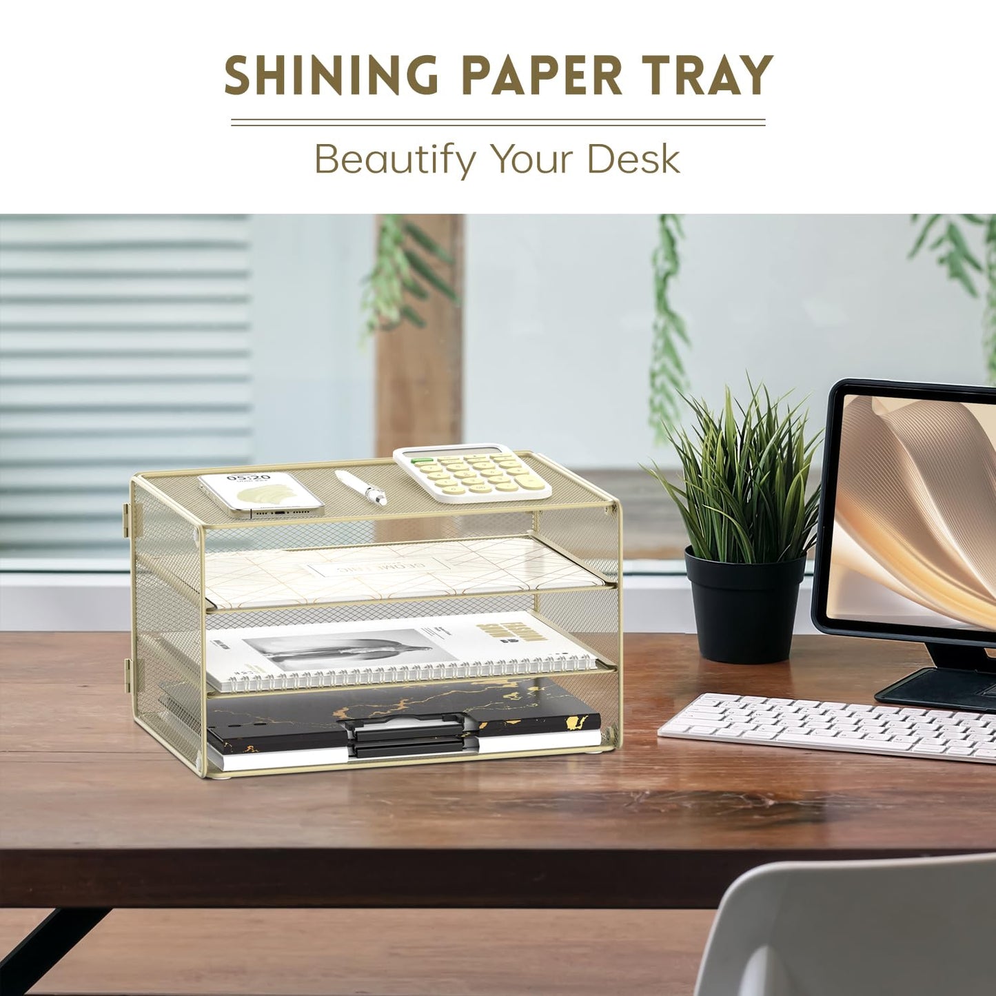 DALTACK 3 Tier Letter Tray Paper Organizer with Sliding Mesh Trays Yellow