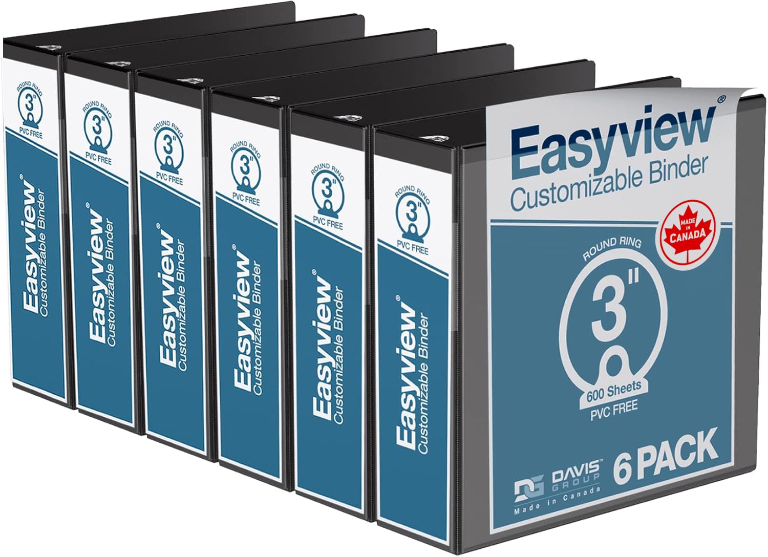 Easyview 3-Ring Binder, Clear-View Cover, 3" Round Rings, Black, 6 Pack