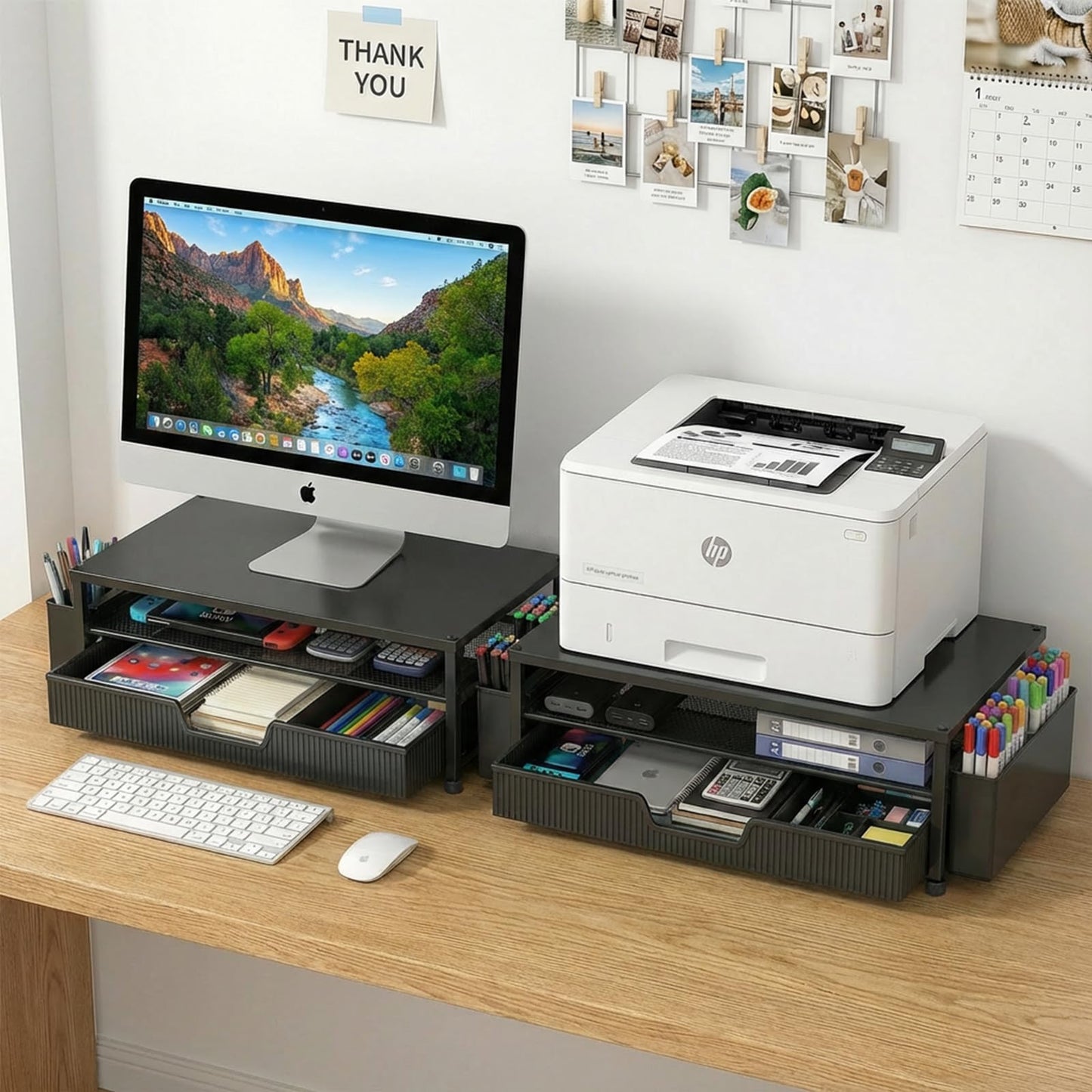 ECOLOVI Desk Organizer and Accessories, 2-Tier Computer Monitor Stand Rise with Storage Drawer & 2