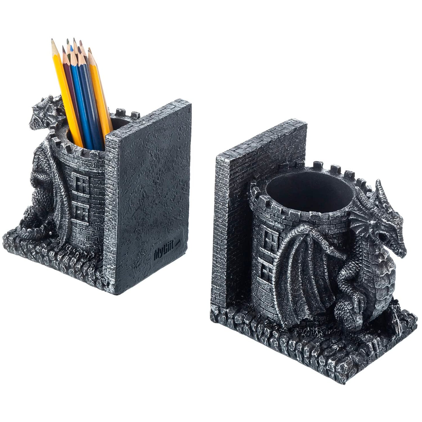 MyGift Gothic Dragon Bookends with Castle Pencil Cup, Black Resin, 1 Pair