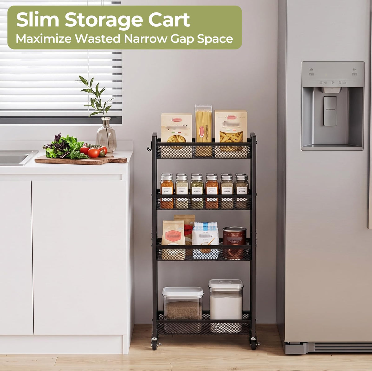 Delamu 4 Tier Slim Rolling Storage Cart, Utility Metal Narrow Cart 7.1" W