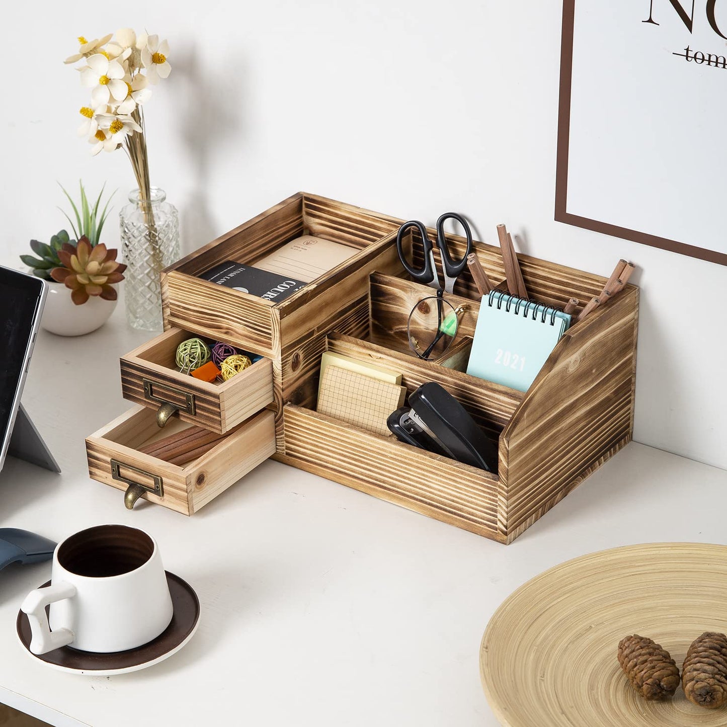 Distressed Rustic Wooden Office Desktop Drawers Organizer Wood Shelf Tabletop Home Organizer