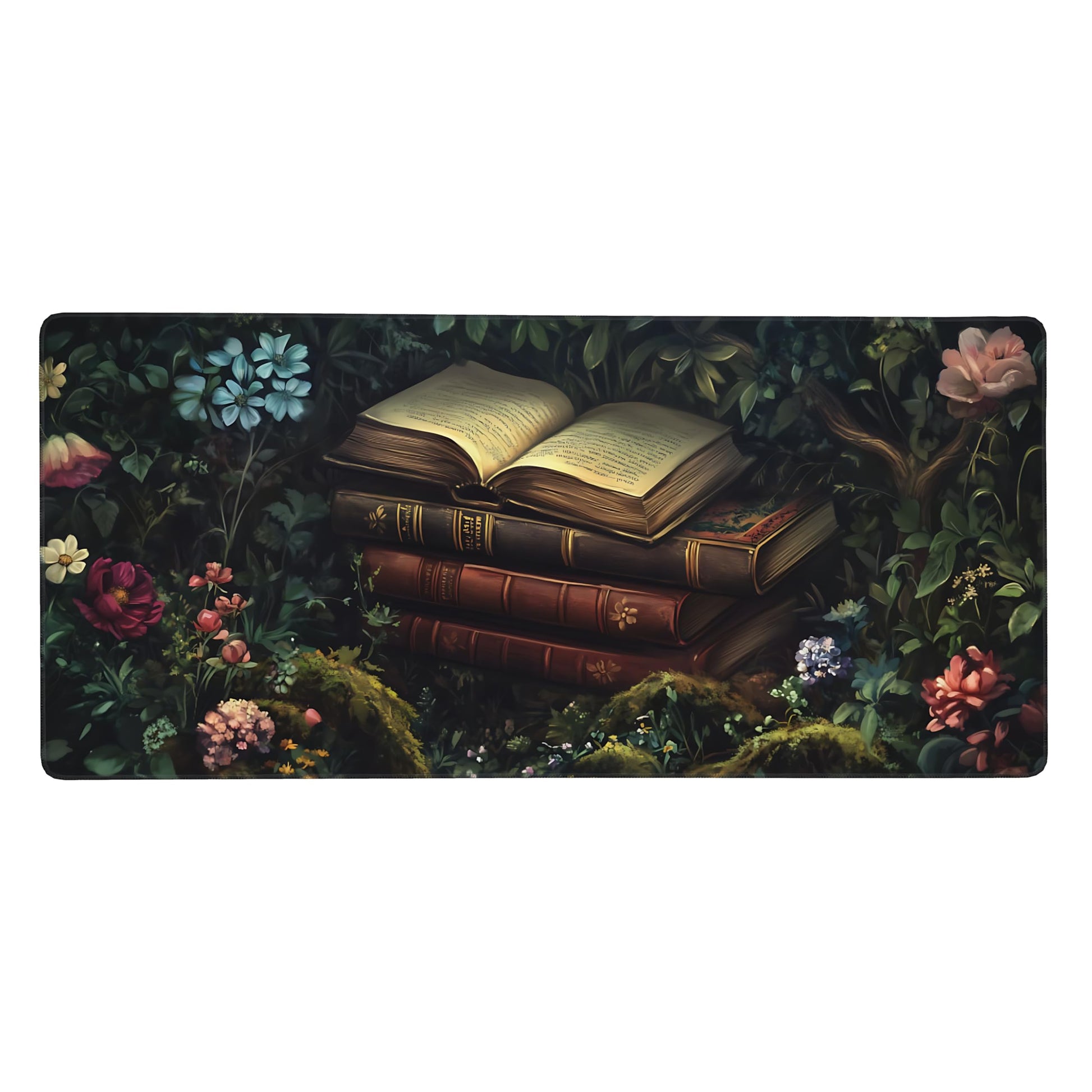 Floral Aesthetic Book Gaming Mouse Pad, Forest Green Moody Forest Desk Mat with Anti-Slip Base &
