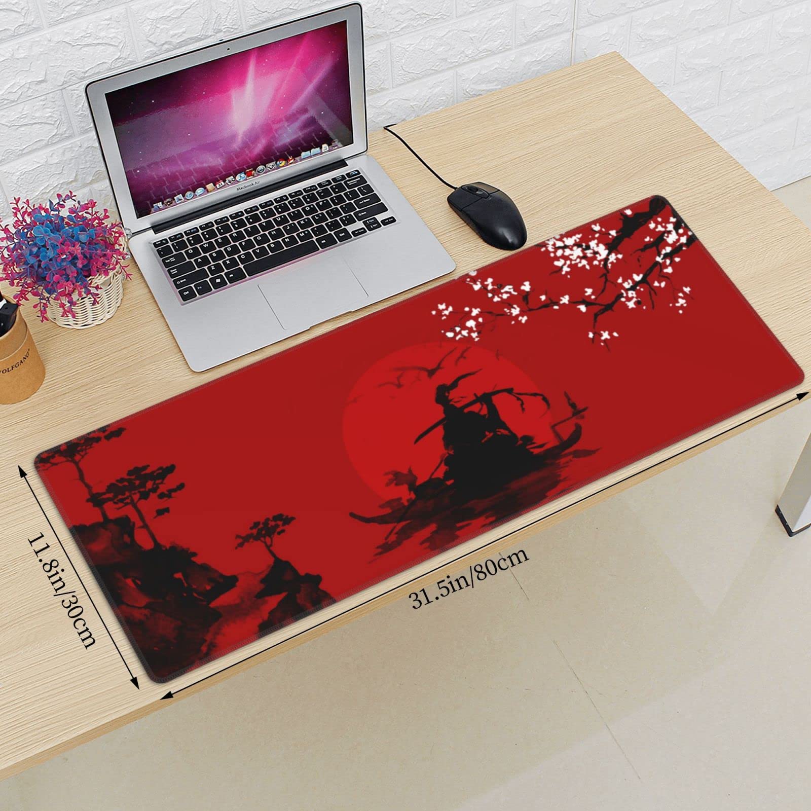 Japanese Cherry Blossom Samurai Black Red XXL XL Large Gaming Mouse Pad for Desk, Non-Slip Long