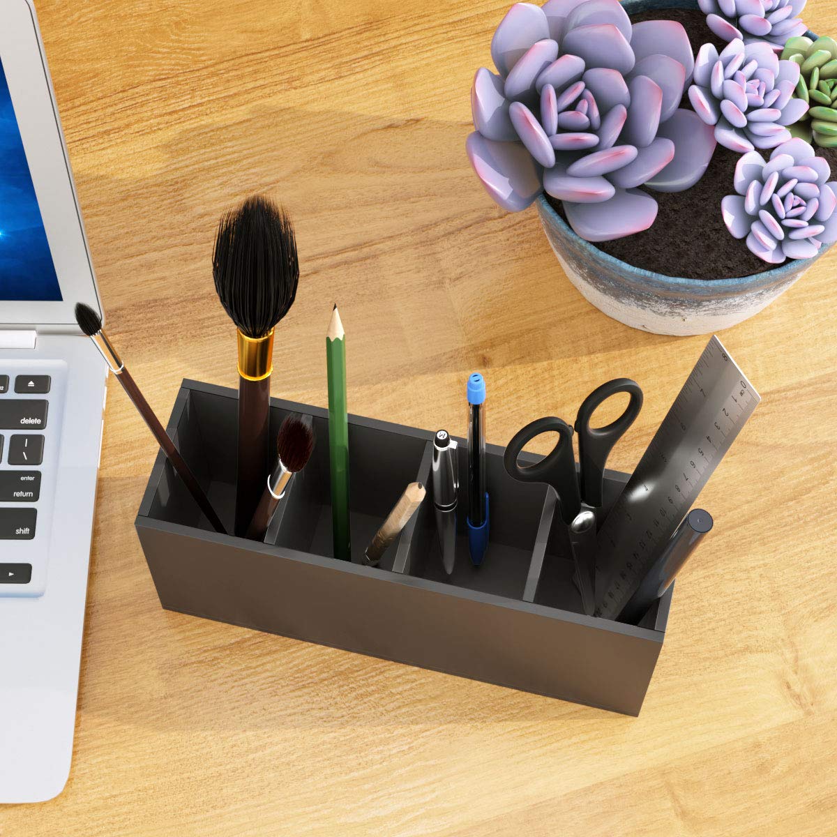 NIUBEE Acrylic Pen Holder 4 Compartments, Black Pencil Organizer Cup for Countertop Desk Accessory