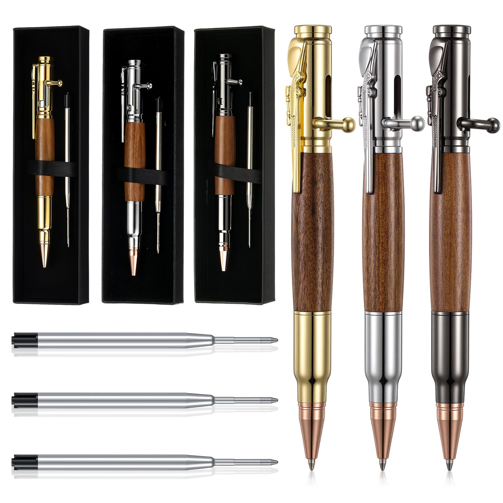 Crtiin 3 Sets Bolt Action Bullet Pens, Gift Boxed,Gold Silver Black