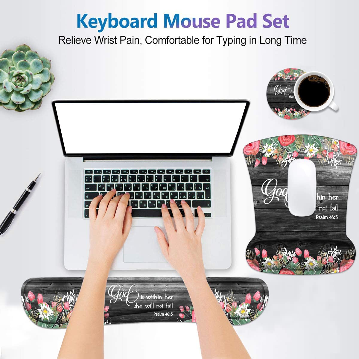 Keyboard Wrist Rest and Mouse Wrist Rest Pad Set with Coasters, Ergonomic Support, Non-Slip PU