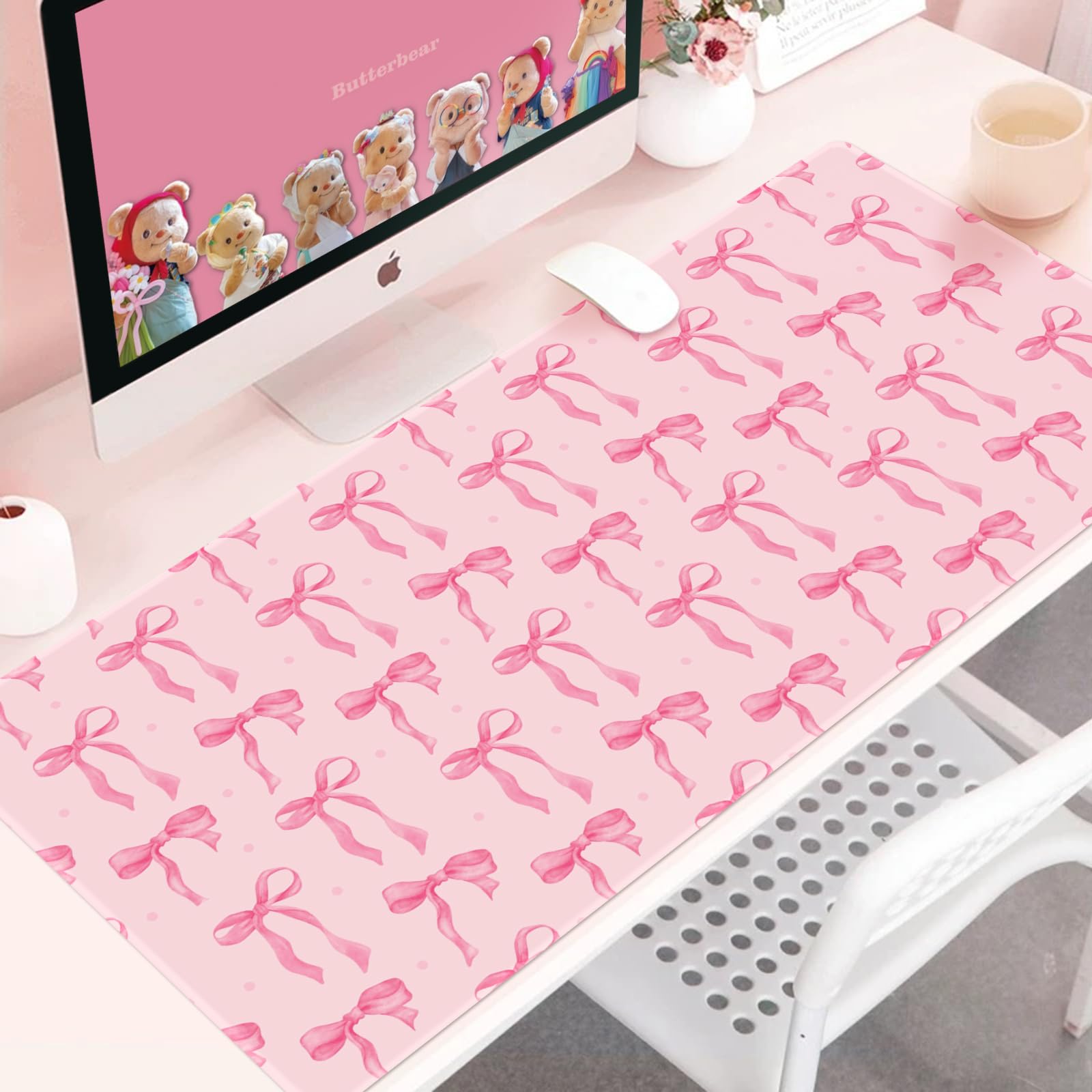 Pink Desk Mat, Bows Mouse Pad Computer Mat Desk Accessories 35.4 x 15.7in
