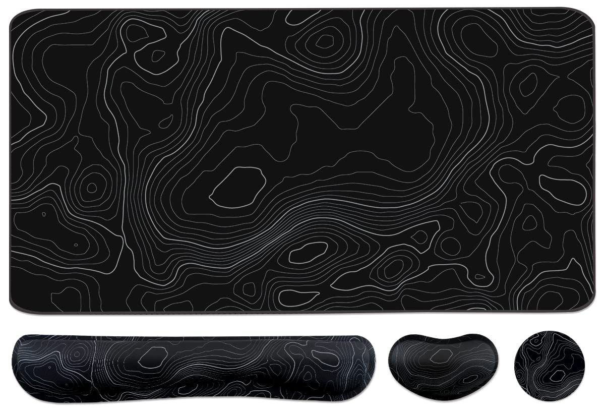 Topographic Large Mouse Pad and Keyboard Wrist Rest, Desk Pad for Keyboard and Mouse, 4-in-1 Large