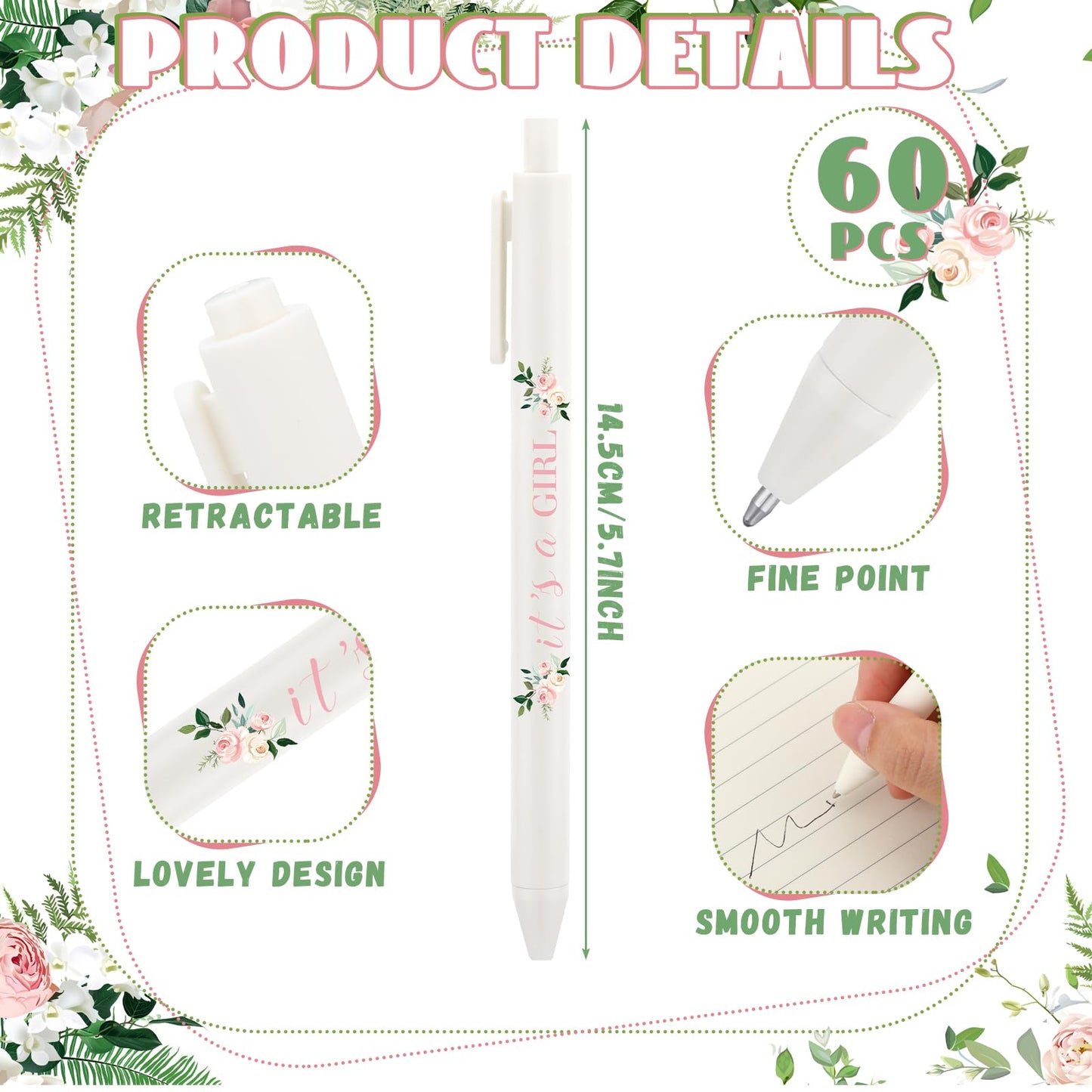 Kisston 60 Pcs Floral Baby Shower Pens, Gifts Party Favors Bulk