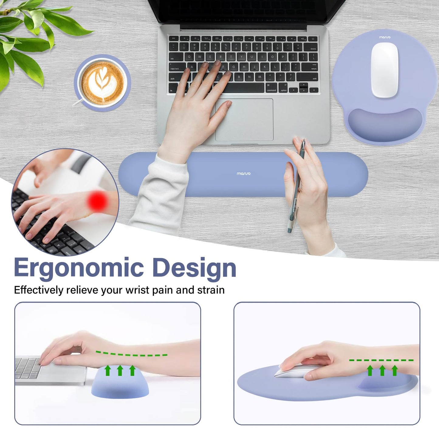MOSISO Wrist Rest Support for Mouse Pad&Keyboard Set, Stone Blue