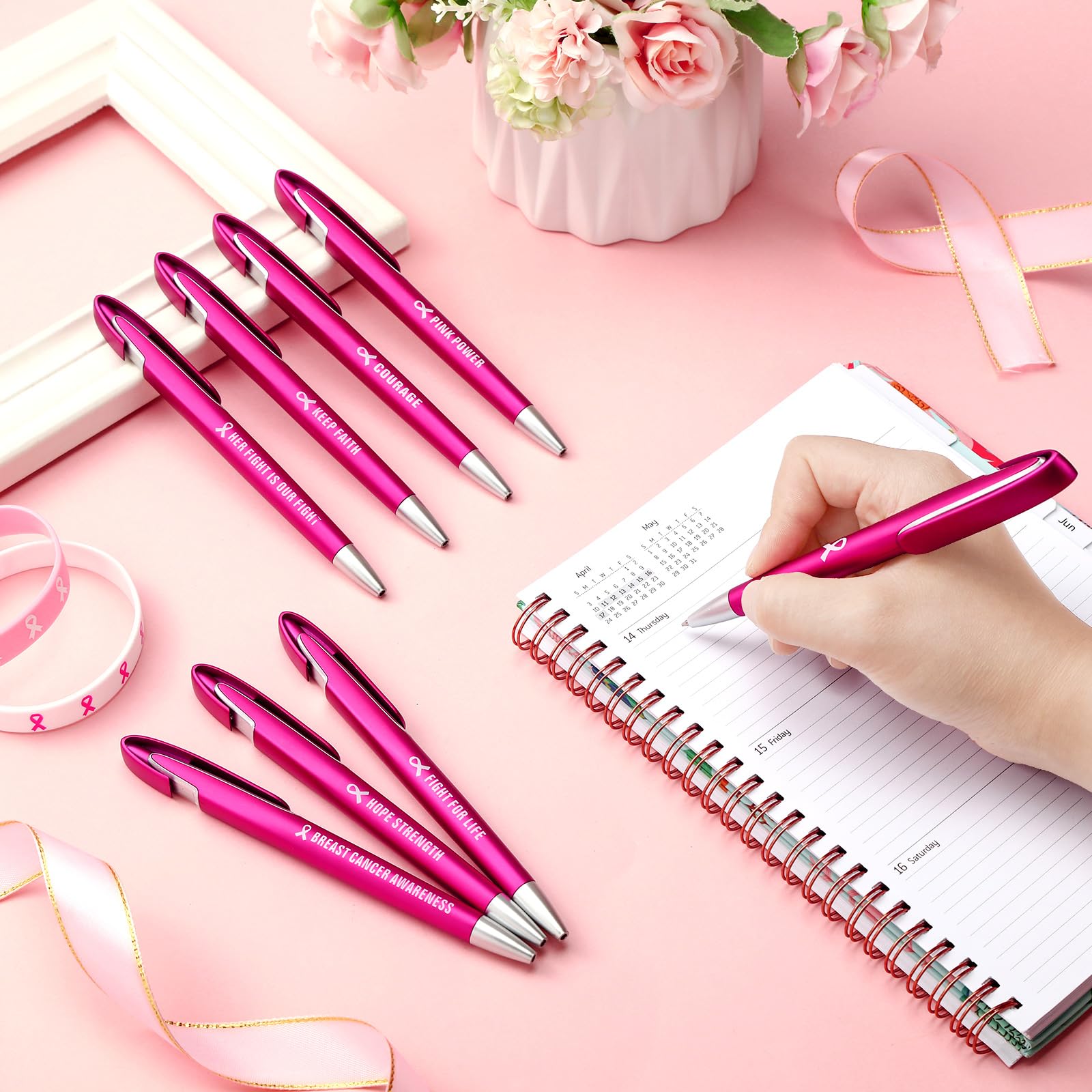 Lincia 100 Pcs Breast Cancer Awareness Ballpoint Pens Bulk, black Ink