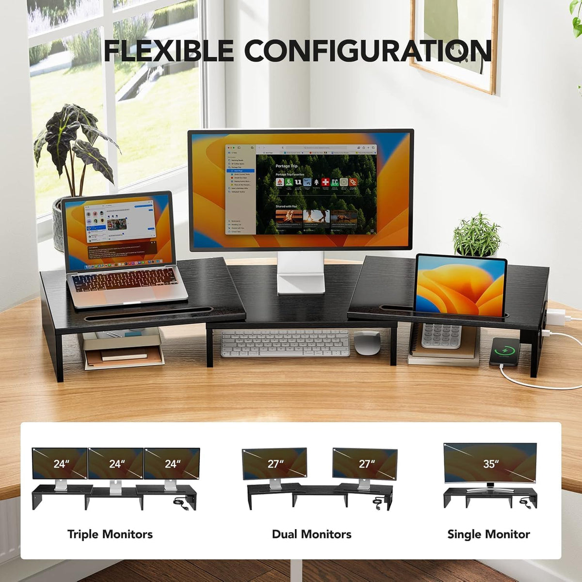 HUANUO Dual Monitor Stand with USB Ports, Adjustable Length & Angle, Black