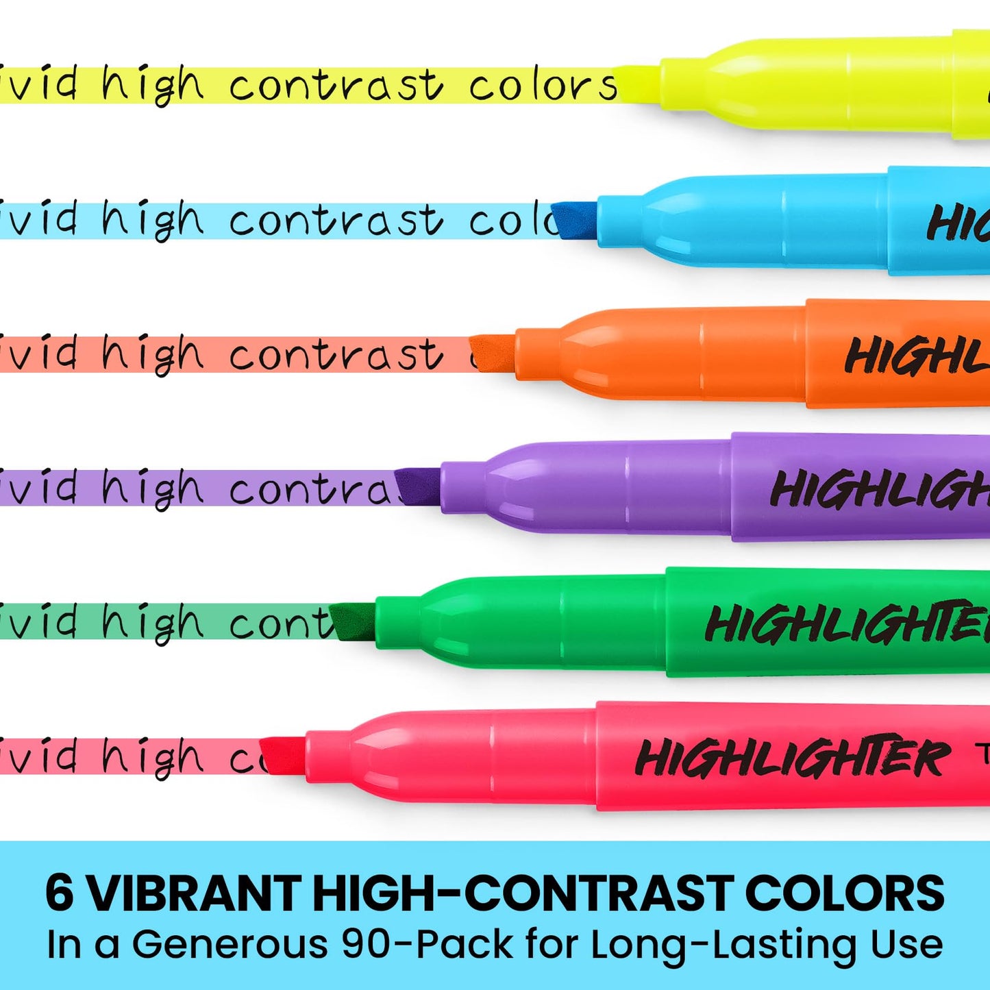 Taja 90 Pack Highlighters, Assorted 6 Colors, Chisel Tip with No Bleed Ink