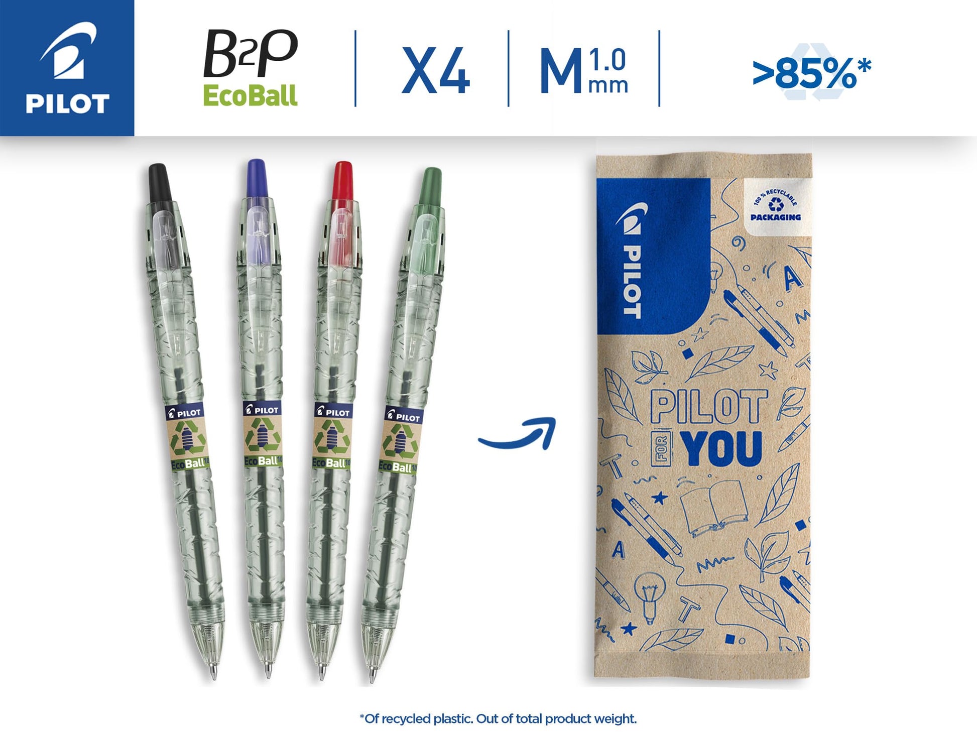 PILOT - 4 Pack B2P Ecoball 1.0 - Retractable Refillable Ballpoint Pen Made from Recycled Plastic
