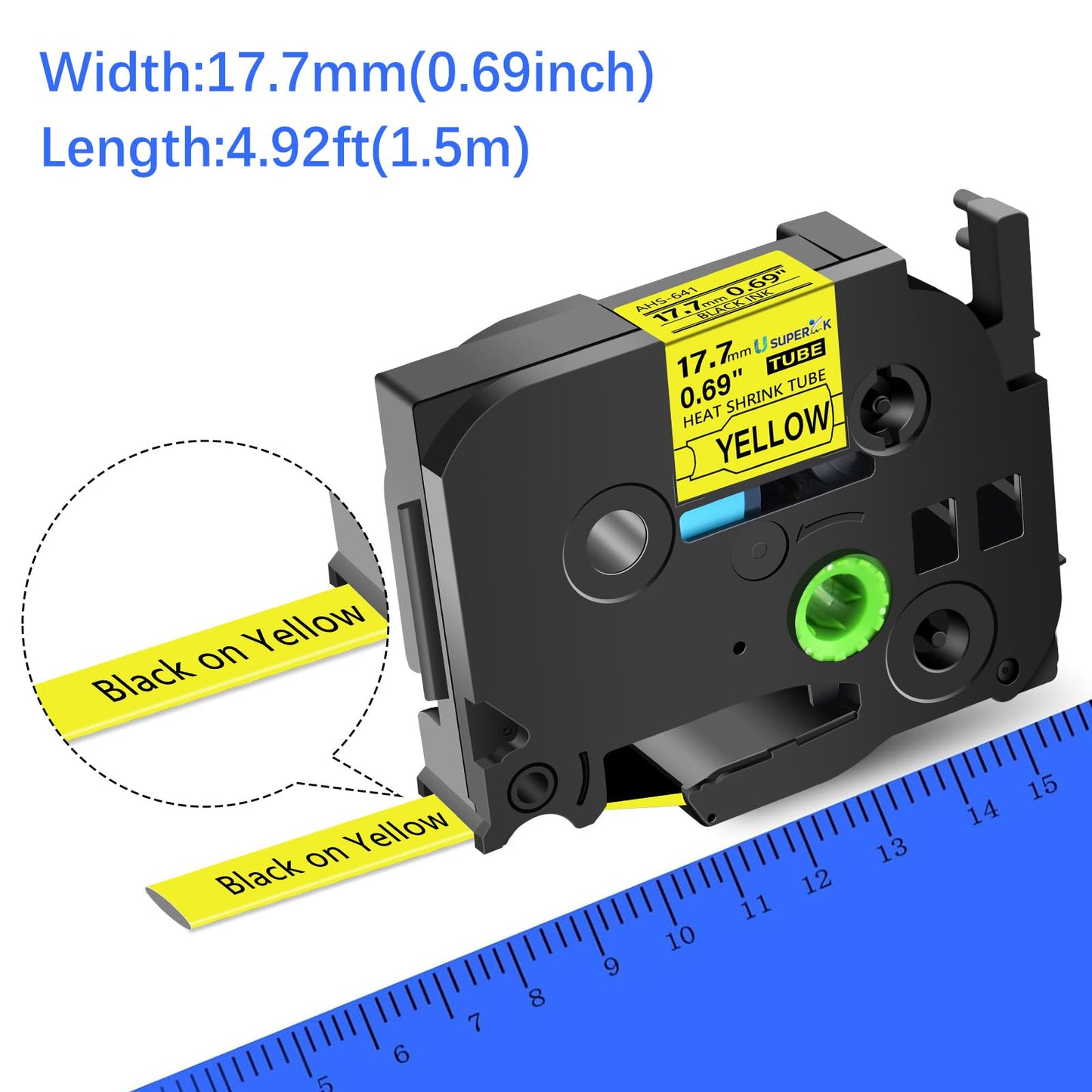 USUPERINK 2 Pack Compatible for HSe-641 HSe641 HS-641 HS641 Black on Yellow (17.7mm 0.69''x 1.5m