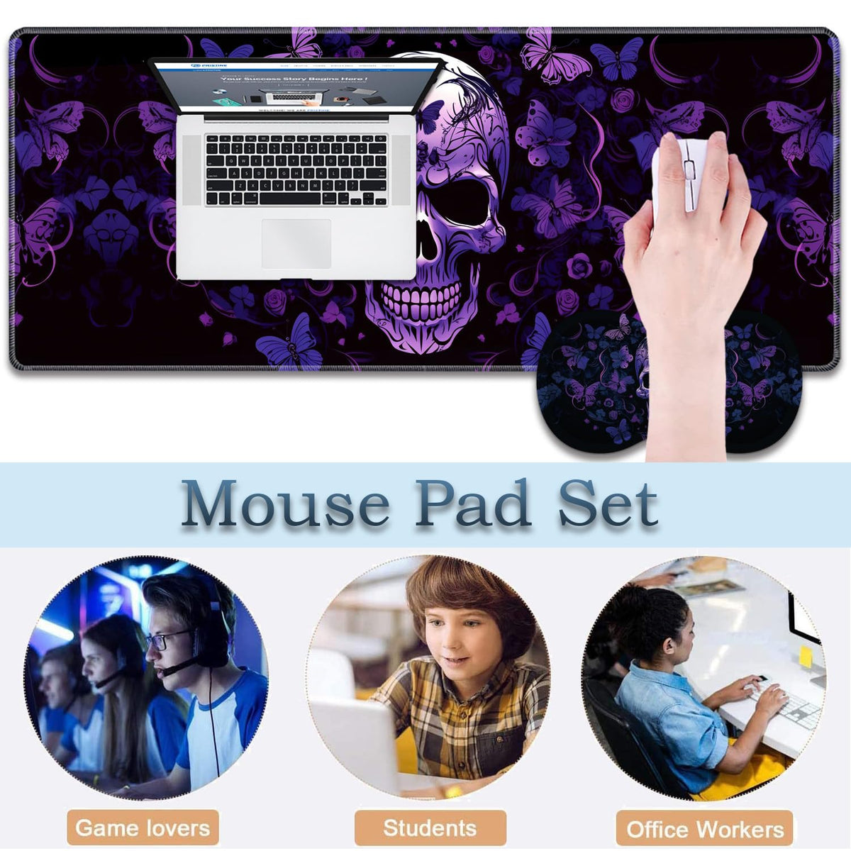 3-Piece Skull Butterfly Mouse Pad Set, Including Wrist Support Pad and Cup Holder, with Waterproof
