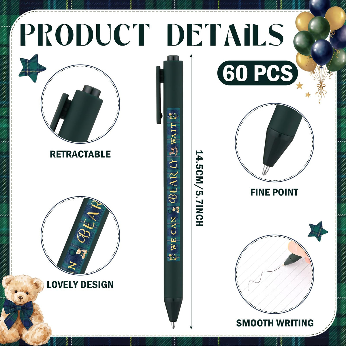 Kisston 60 Pcs Tartan Plaid Bear Baby Shower Pens, Gifts Party Favors Bulk