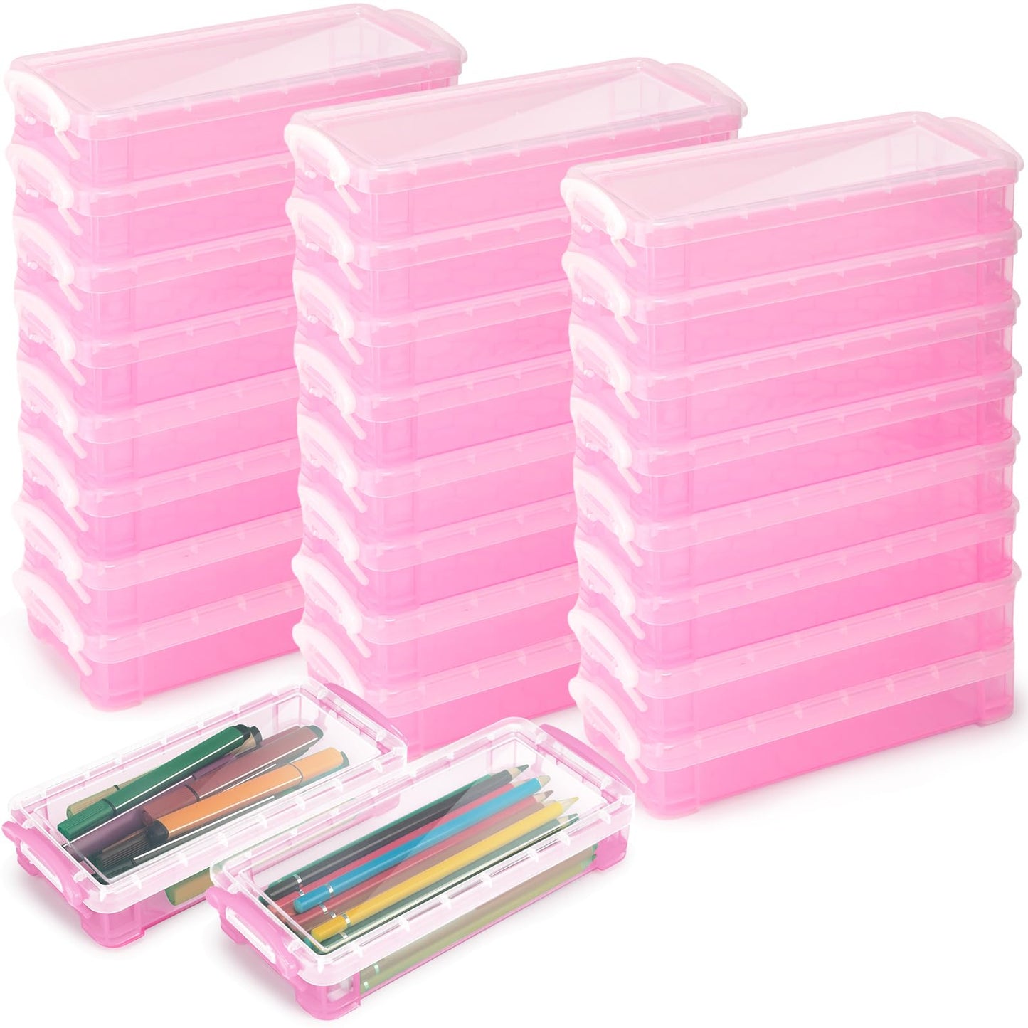 Gueevin 24 Pcs Pencil Box Clear Plastic Pencil Case, Light Pink