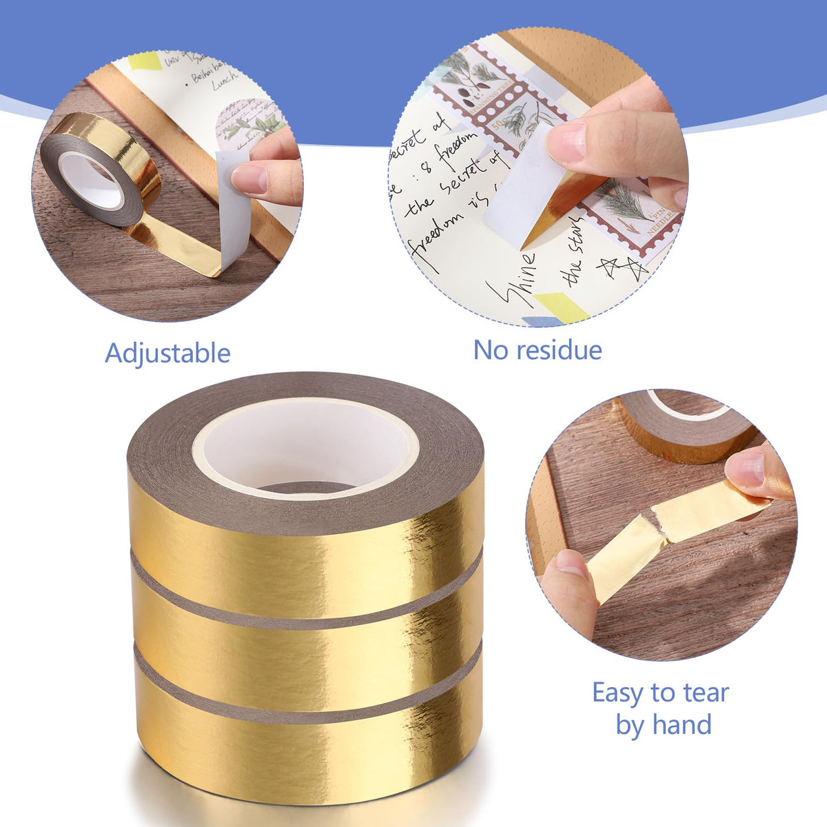 Fyguard Gold Washi Tape, 3 Rolls, 0.59 in x 65 Ft, Metallic Foil