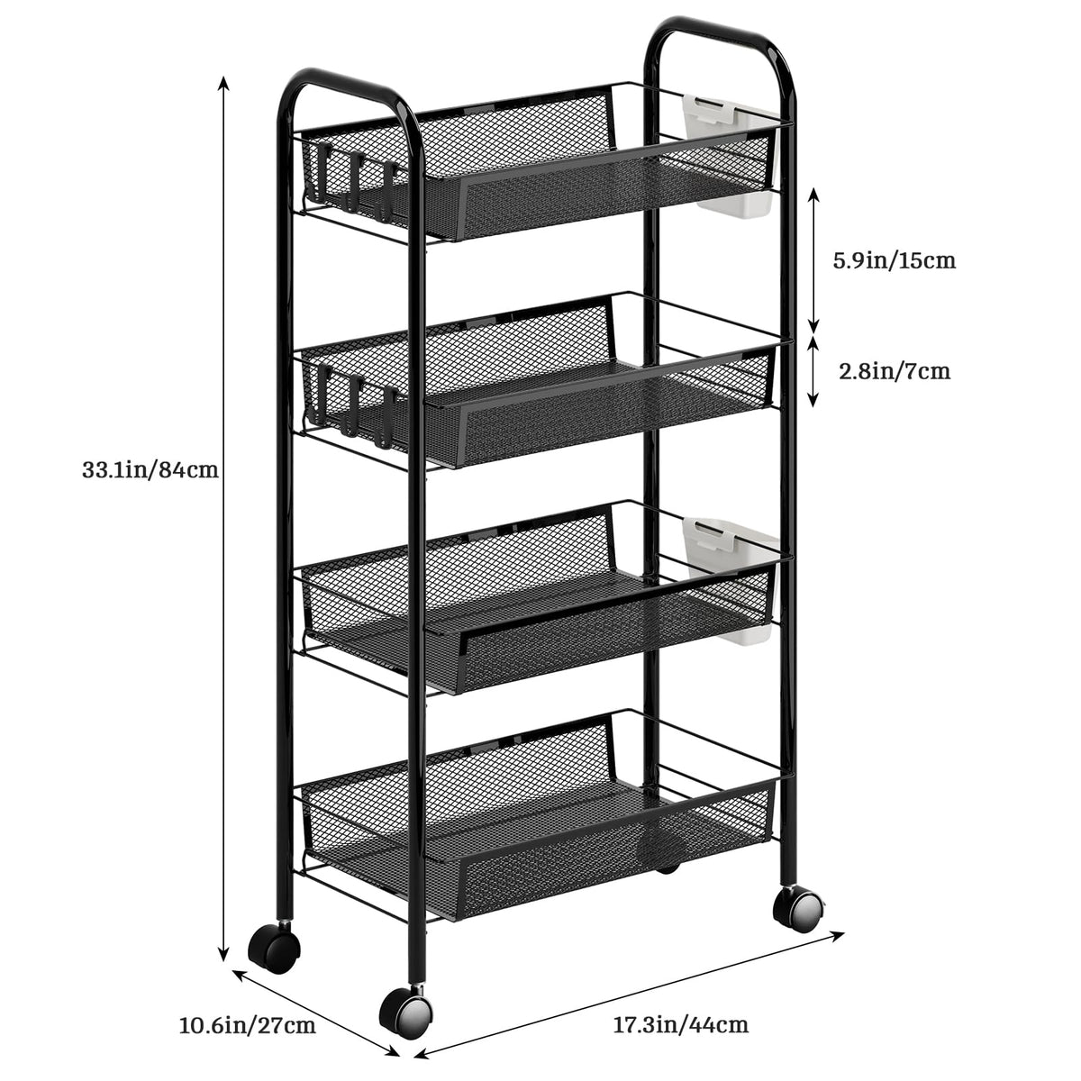 sxvbdway Snack Cart with Wheels Fruit Vegetable Basket Storage Cart 4 Tier Stackable Metal Basket