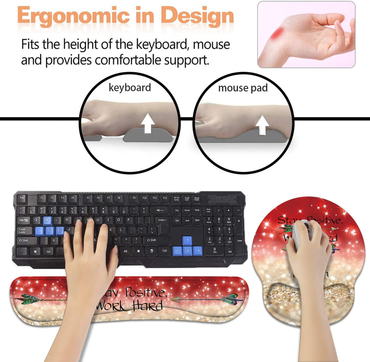 Keyboard Wrist Rest + Mouse Pad Wrist Support Set with Coasters, Stay Positive Work Hard and Make