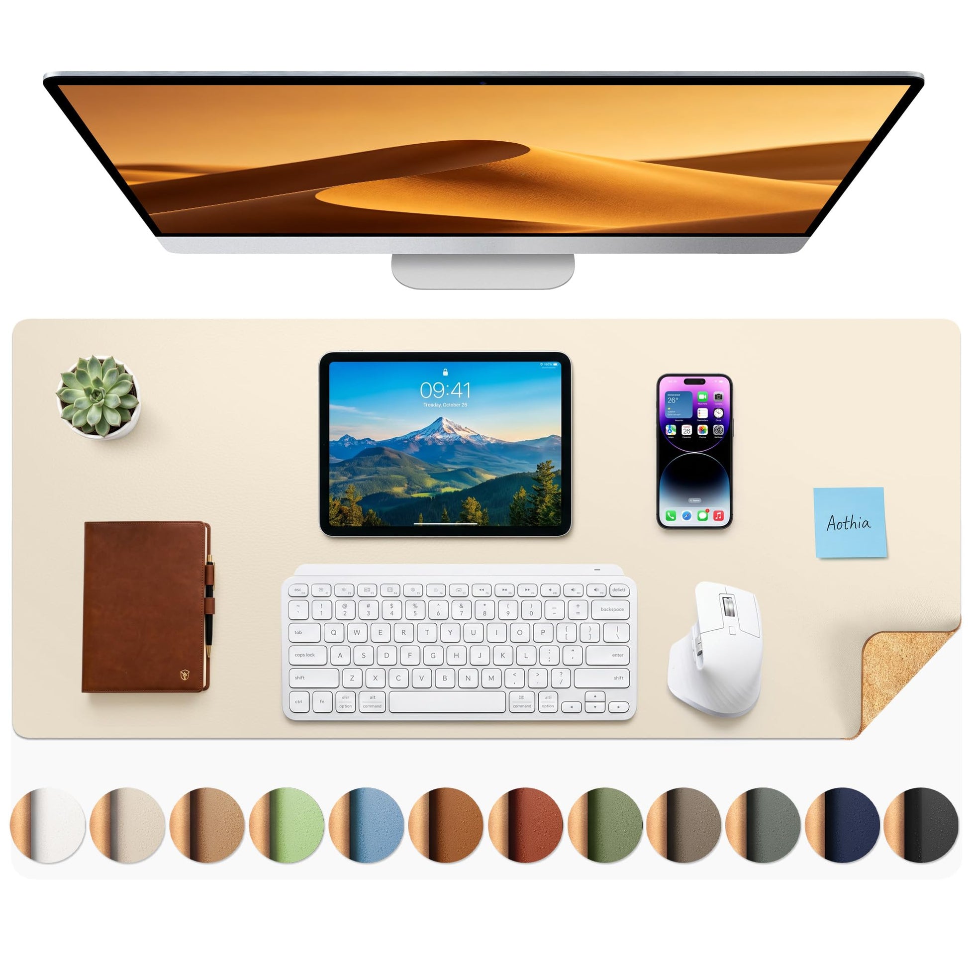 Aothia Dual-Sided Desk Mat - Leather & Cork Desk Protector, Large Mouse Pad & Writing Pad for