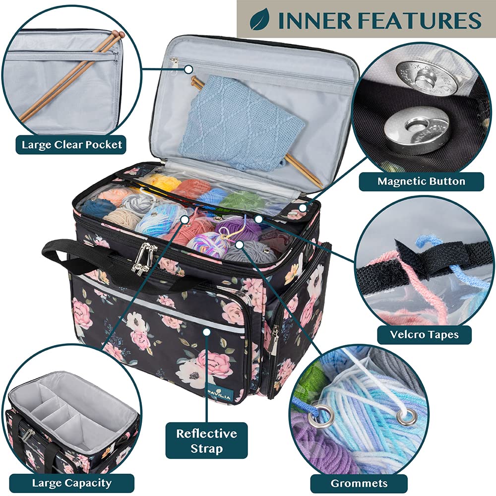 PAVILIA Knitting Yarn Storage Bag Crochet Knitter Organizer, Floral Black